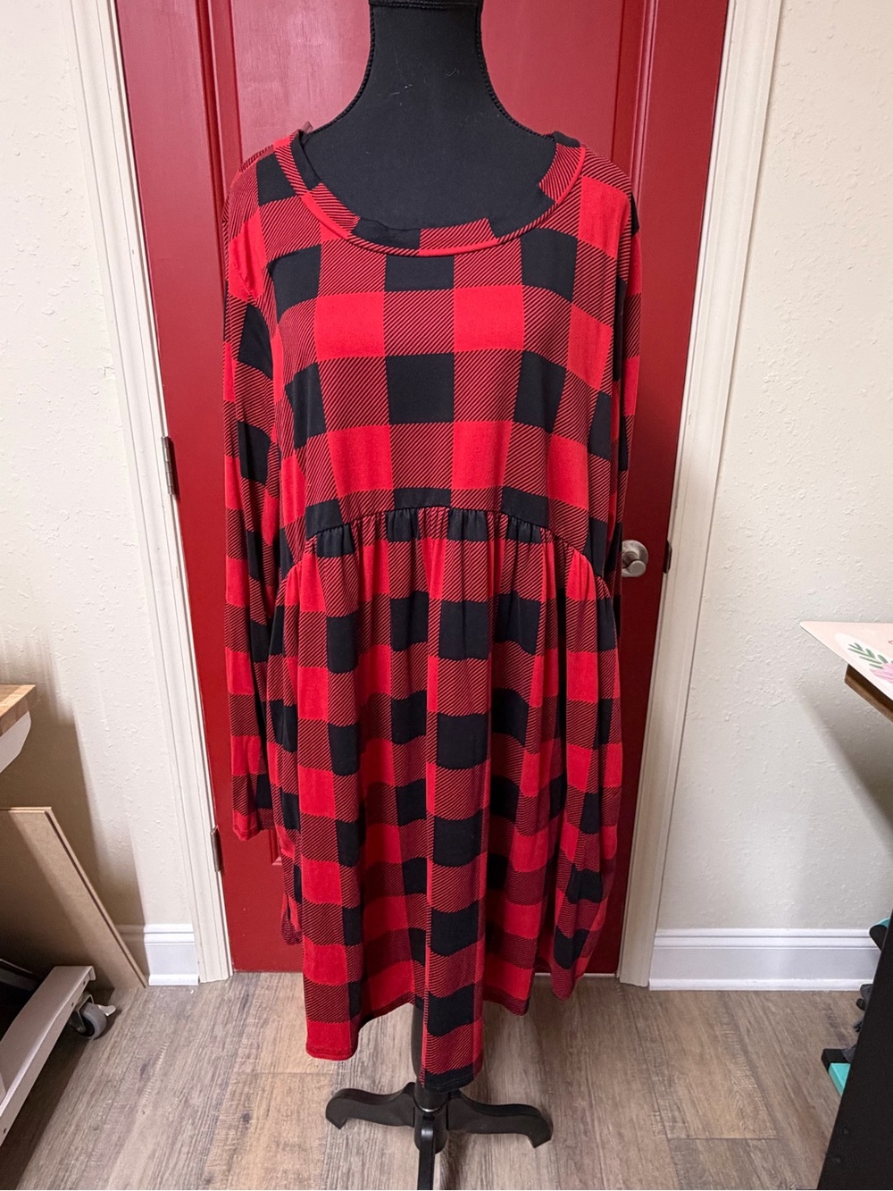 Plaid Buffalo Check Midi Dress - Red/Black